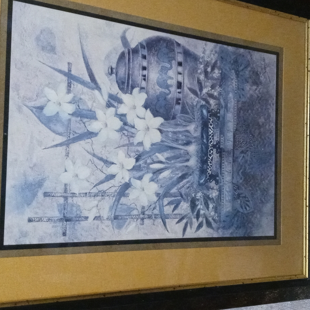 Vintage blue and white hood condition framed Oriental print